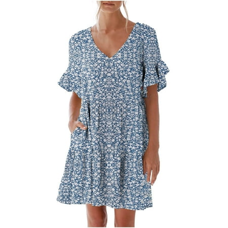 

Bigersell Maternity Dress for Photoshoot Women s Summer Casual Dress V-Neck Mini Dress with Pocket Short Sleevele Ruffle Dress Wedding Dresses for Bride Women s Plus Maxi Dresses Style 24277 Blue L