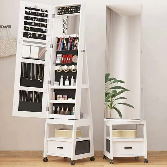 TROPOW Mirror Cabinet with Storage Swivel Jewelry Armoire Standing with Full-length Mirror Reversible Storage Mirror Jewelry Organizers with 1Drawer and Wheels White