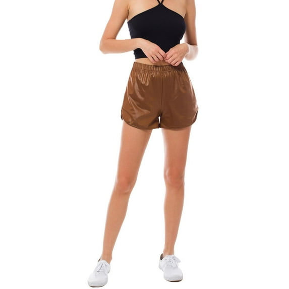 Made by Olivia Women's Dolphin Hem Faux Leather Relaxed-Fit Shorts with Elastic Band