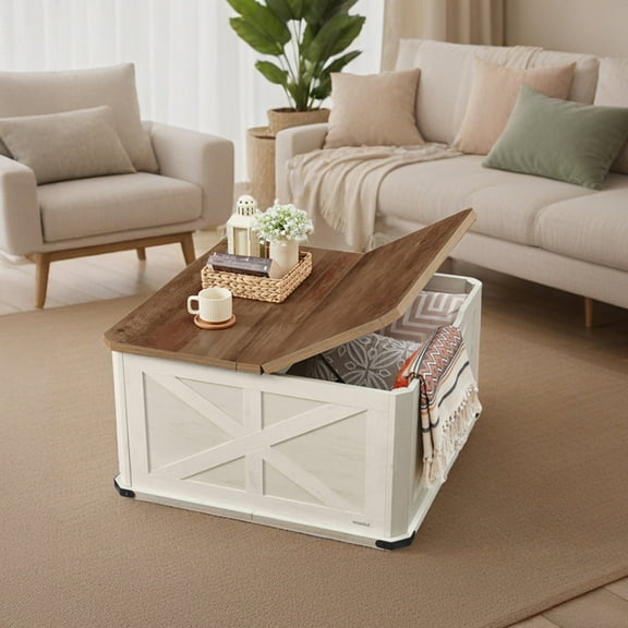 LEDREM Farmhouse Square Coffee Table with Flip-Top Storage, 31.5" Rustic Center Table for Living Room, Honey Brown and White