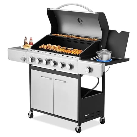 Hommow 6-Burner Propane Gas Grill, 58,000 BTU BBQ Propane Grill with Stove and Side Table for Patio Garden