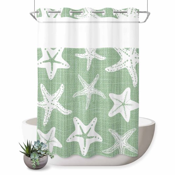No Hook Shower Curtain, Coastal Starfish Shower Curtains for Bathroom with See Through Top Window, Sage Green Nautical Vintage Marine Life Waterproof & Washable Bath Curtain 60"x72"