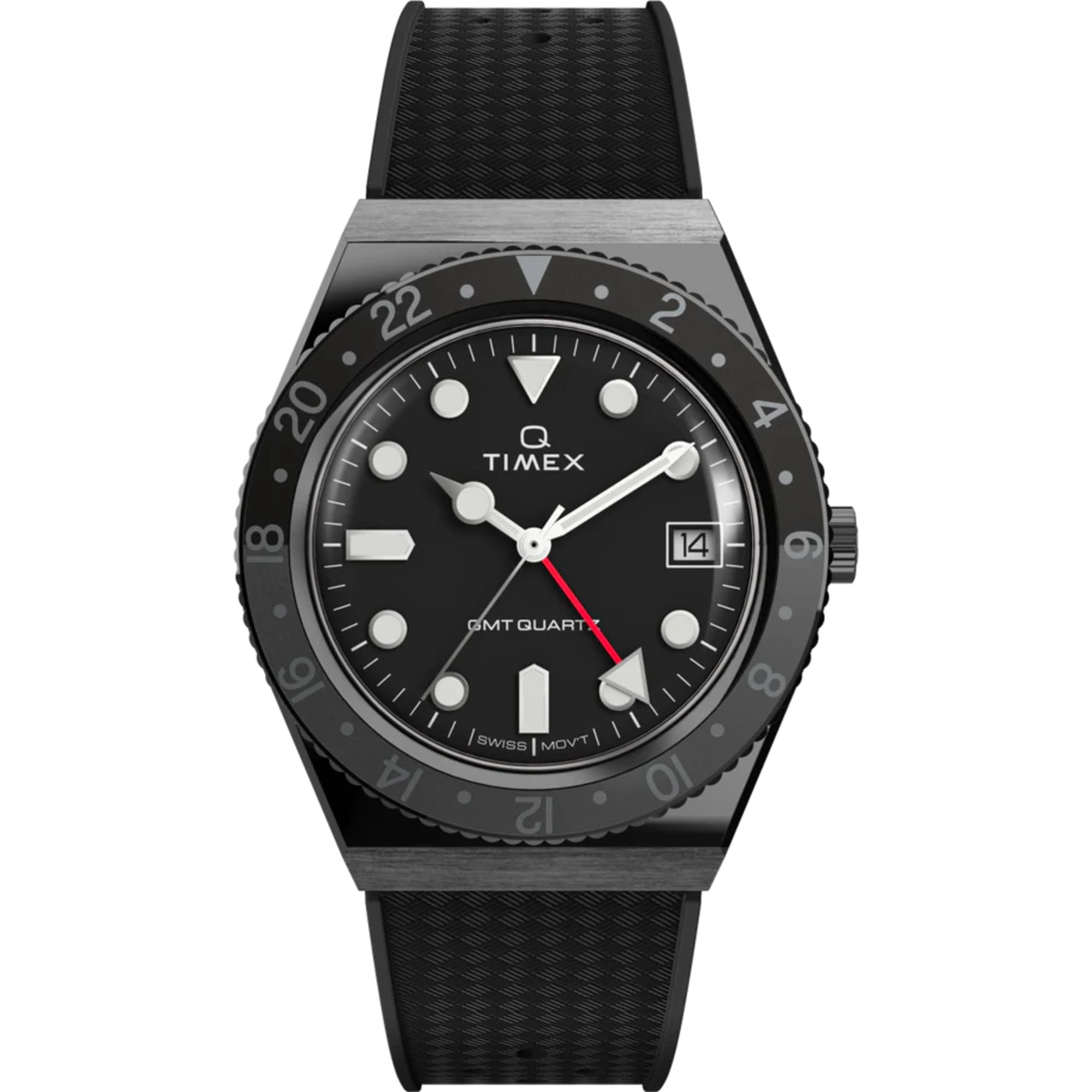 Timex TW2V38200 Men's Q Quartz Black Dial Rubber Strap GMT Watch