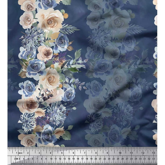 Soimoi Blue Velvet Fabric Grandiflora Roses Floral Fabric Prints by Yard 60 Inch Wide