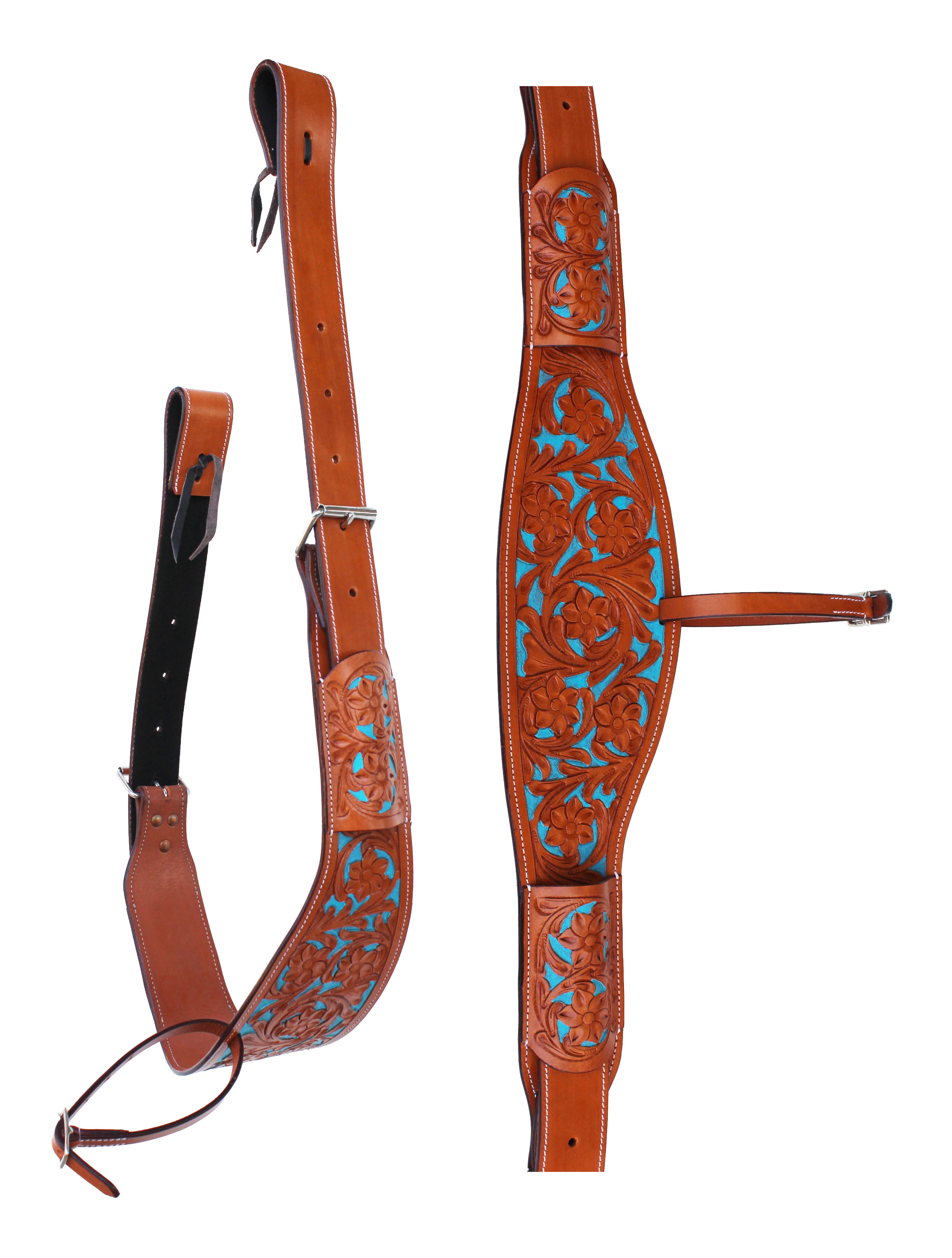 Horse Floral Tooled Leather Rear Flank Saddle Cinch Billets Turquoise