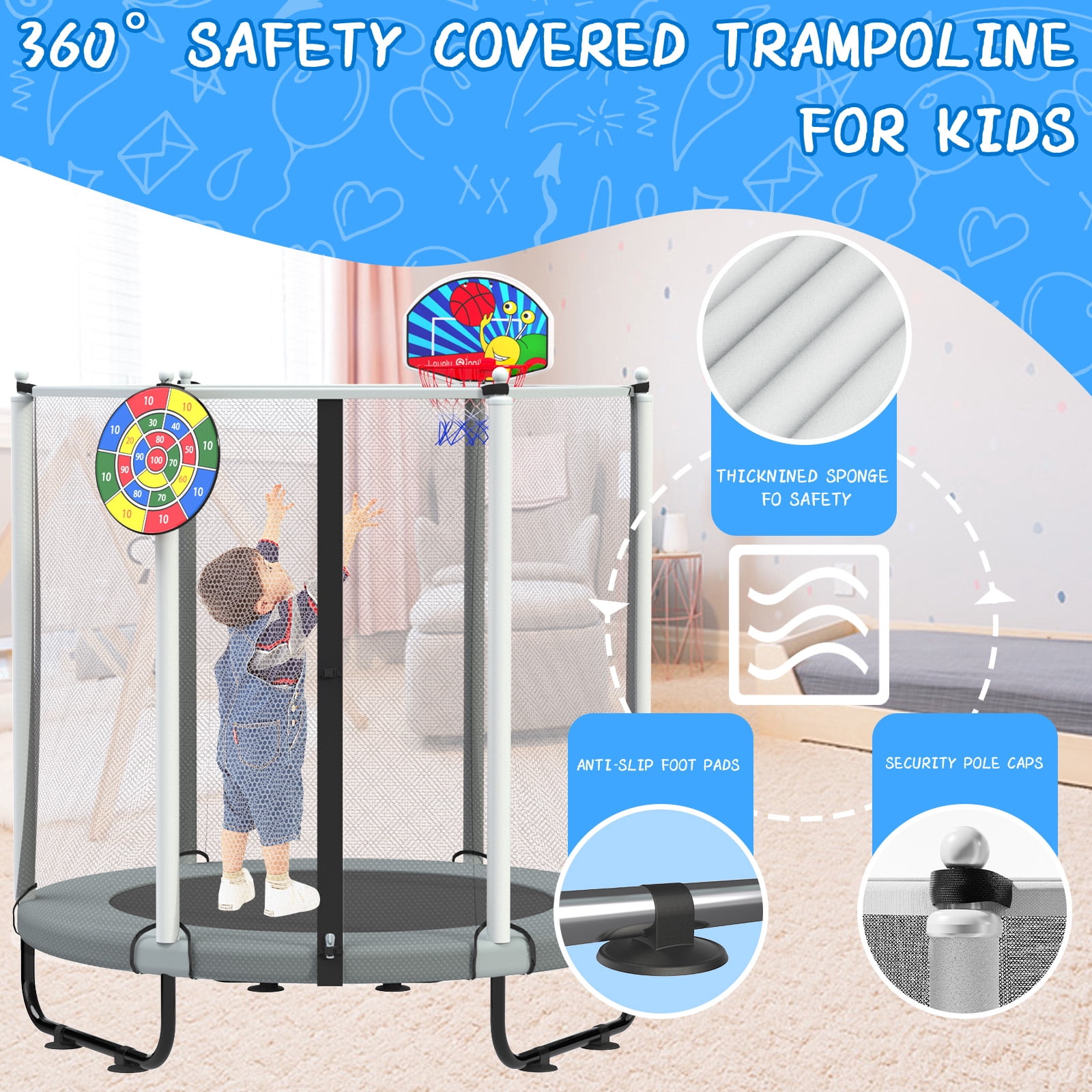 ACWARM HOME 5FT Toddler Trampoline For Kids 60" Mini Size Indoor&Outdoor With Safety Net Gift for Boys & Girls 440Lbs,Gray