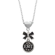 Delight Jewelry Silvertone Medical Caduceus Seal - EMT Black Bow Heart Necklace