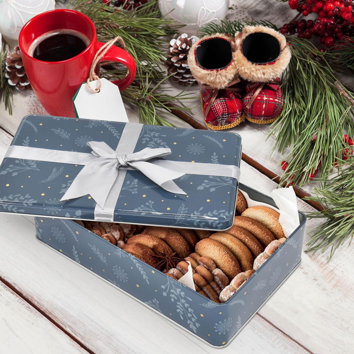 Holiday Time Christmas Blue Botanical Bow Rectangular Tin Gift Container Large, 10.2 x 6.3 x 2.5 inches, 1 count