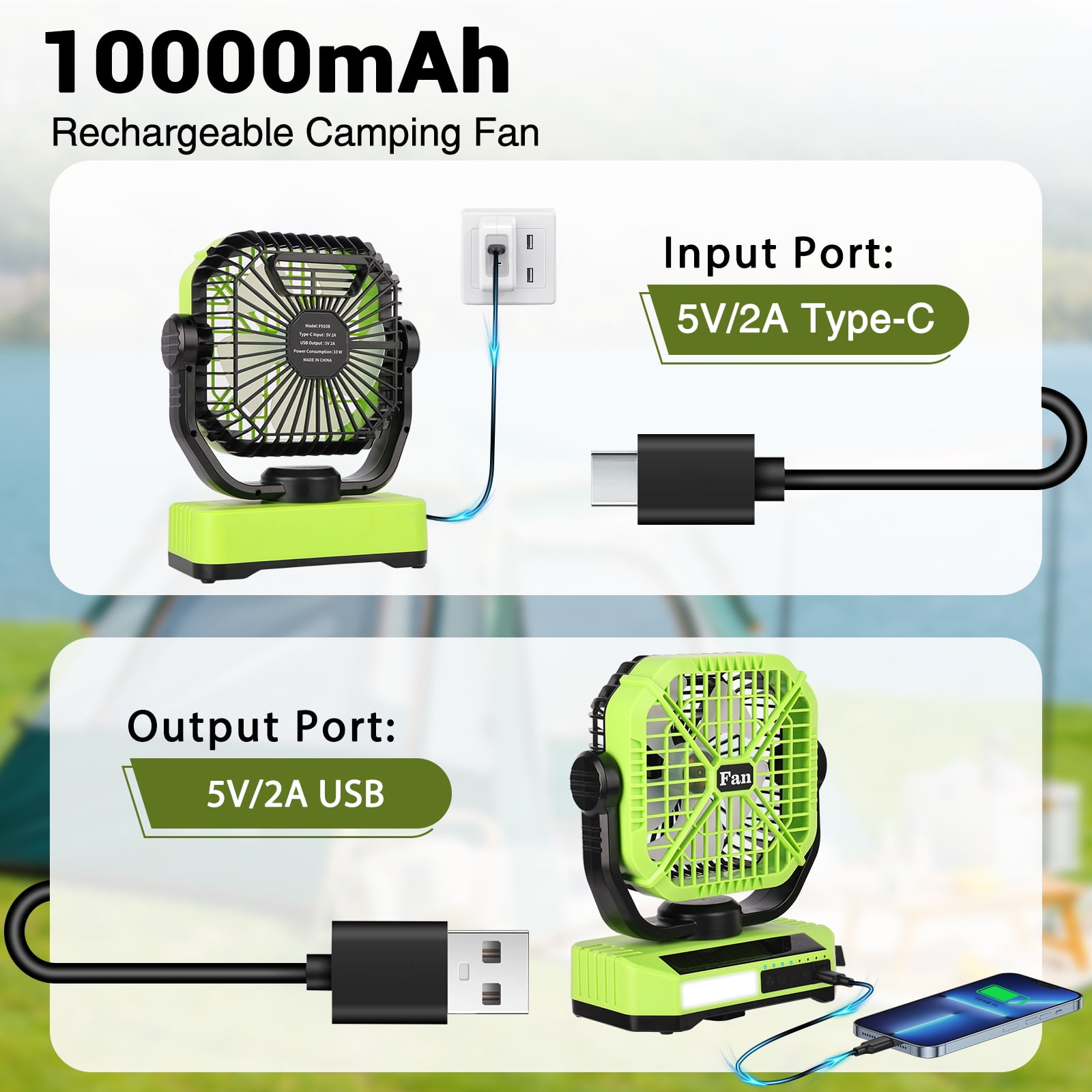 Camping Fan with LED Lantern, 10000mAh Rechargeable Tent Fan, 4-Speed Quiet Oscillating Fan with Remote & Hook, Portable Outdoor Fan for Camping Travel