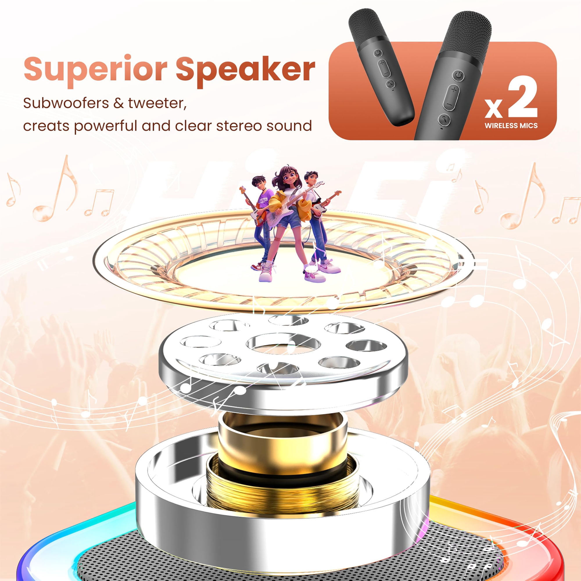 BONAOK Mini Karaoke Machine for Kids, Portable Karaoke Speaker with 2 Wilreless Microphones and Bluetooth for Home Party, Birthday Gifts for Girls(Grey)