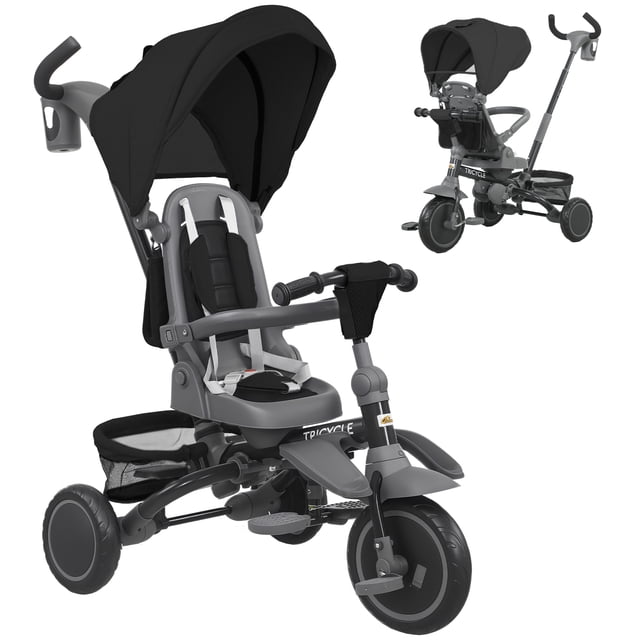 Qaba 6 in 1 Toddler Tricycle for 1-5 Years Old with Push Handle, Black