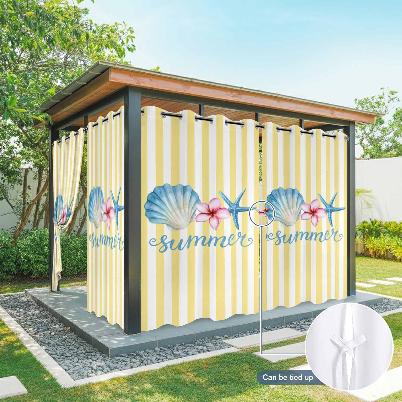 Starfish Shell Outdoor Curtains for Patio, Summer Pink Floral Yellow Stripes Sunshade Privacy Drapes Grommet Waterproof Outside Curtains for Porch/Cabana/Balcony 54"x 108", 1 Panel