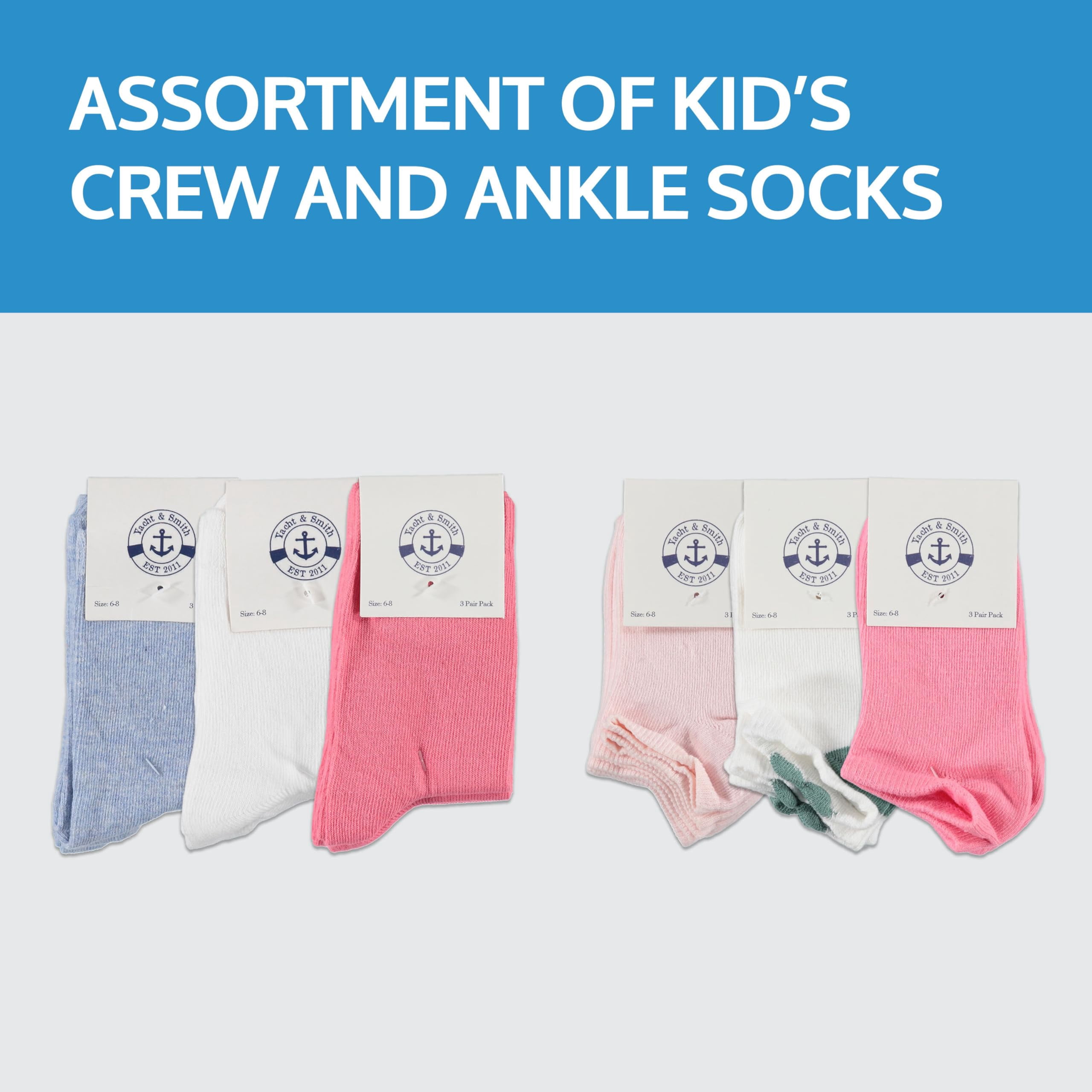 Yacht & Smith 72 Pairs Wholesale Sample Socks Kids, Crew and Ankle Socks - Mixed Assorted Random Colors Wholesale Lot Bulk, Great for Donating Shelters
