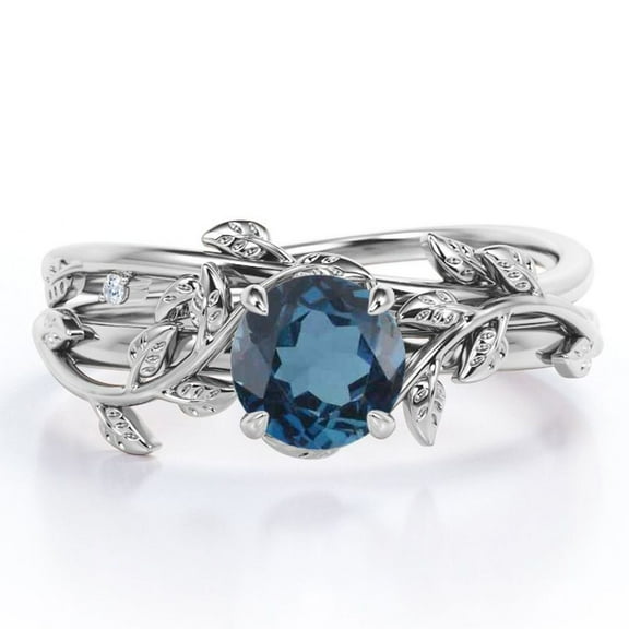 JeenMata Leaf and Vine - 0.5 TCW Round Cut London Blue Topaz - Solitaire Wedding Ring Set - 18K White Gold Plating over Silver