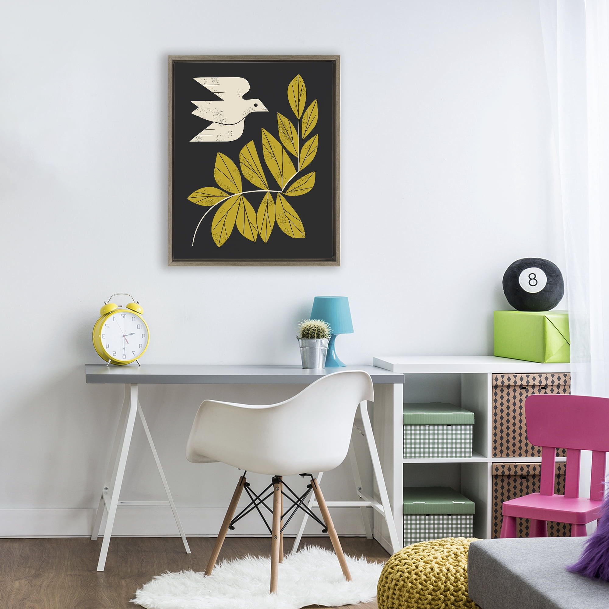 Stupell Industries Midcentury Dove & Branch Brown Framed Floater Canvas Wall Art, design by Renea L. Thull