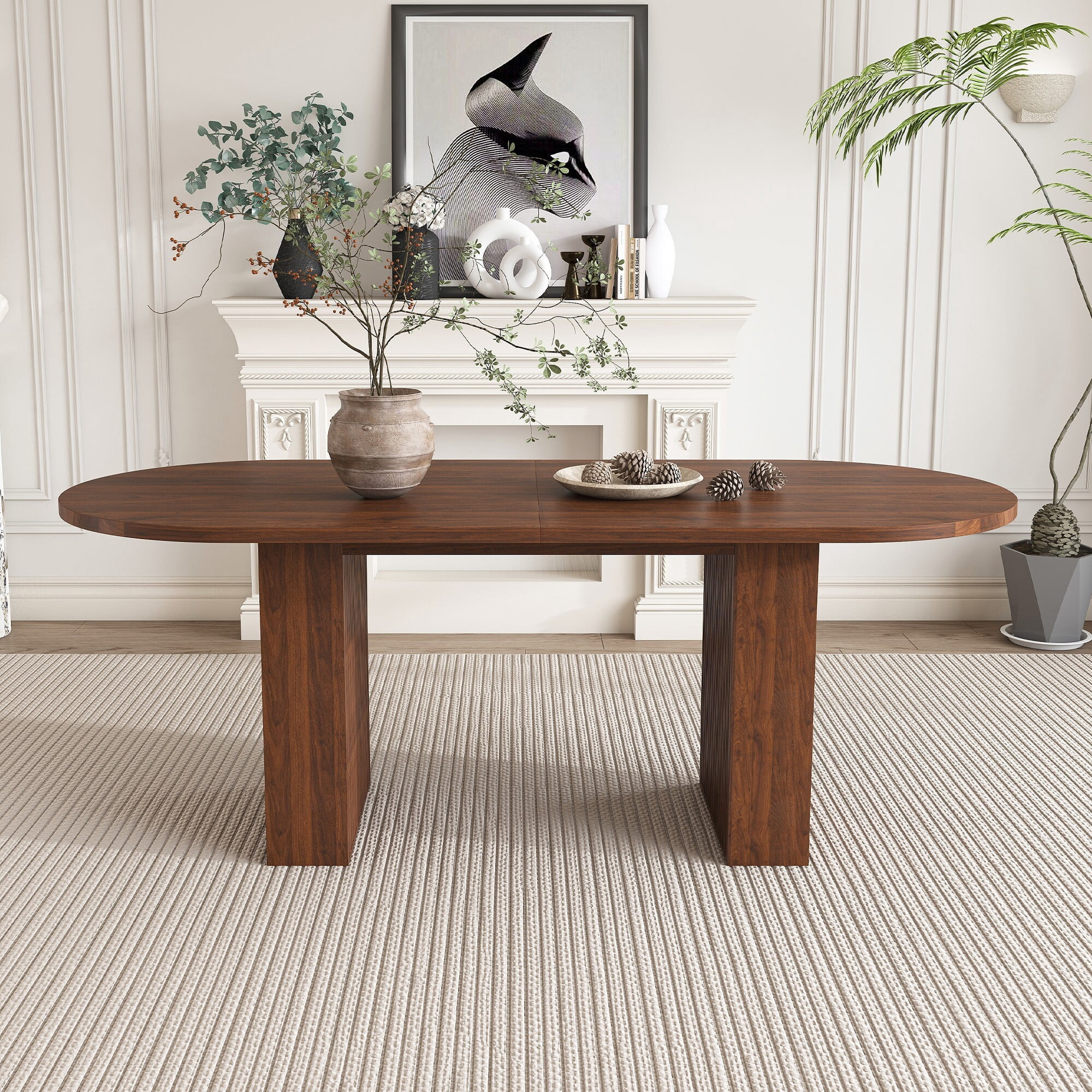 AENKYO 63" Oval Dining Table for 4-6, Modern Farmhouse Kitchen Table with Fluted Pedestal Base, Walnut