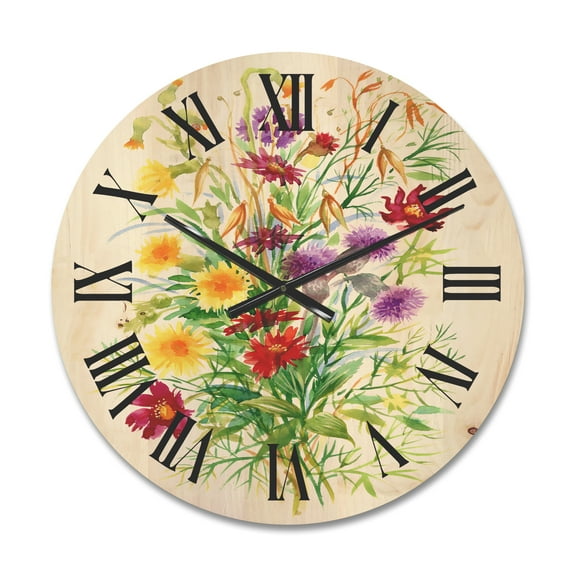 Designart 'Colorful Bouquet Of Wildflowers In Nature' Farmhouse Wood Wall Clock