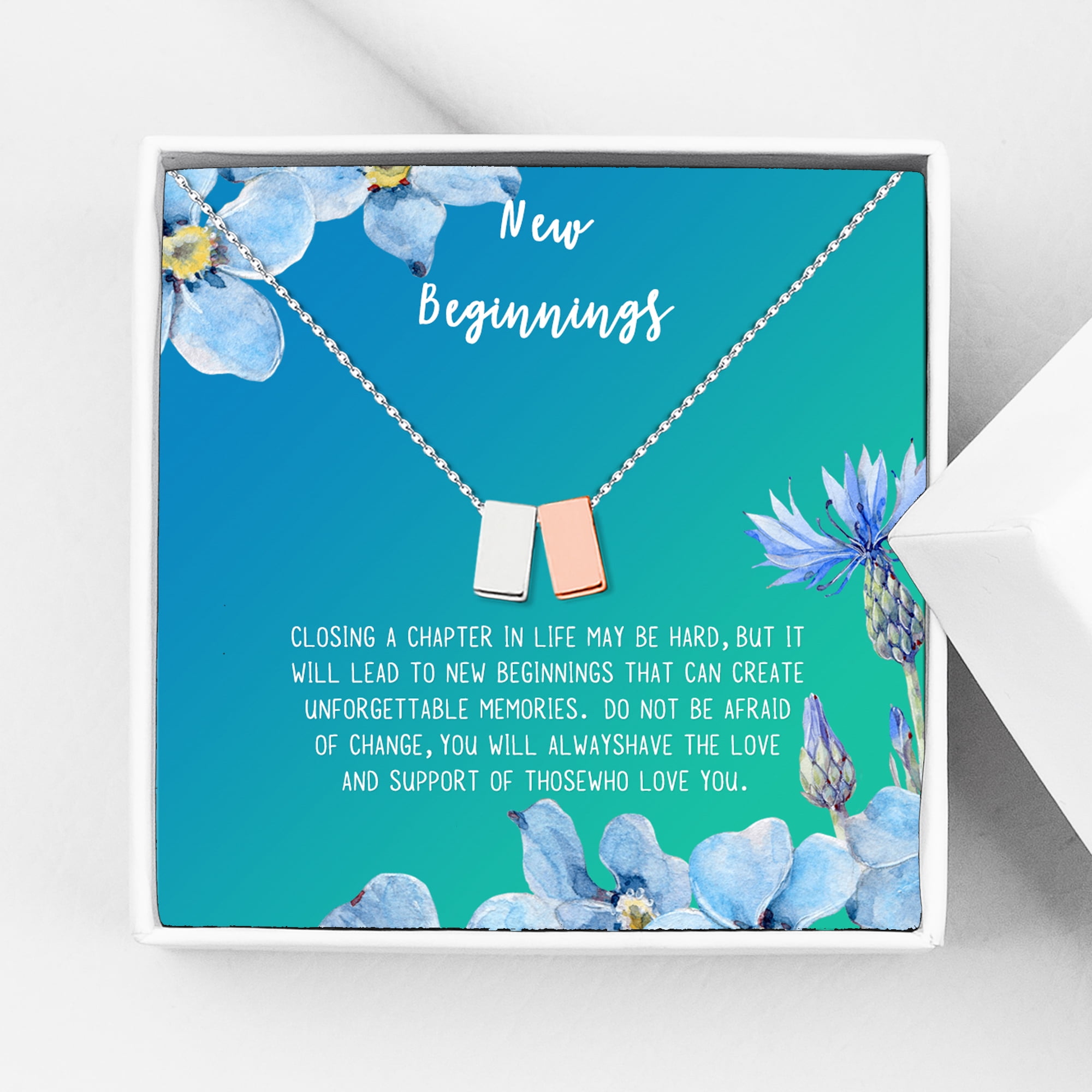 Anavia New Beginnings Gift Card for Her New Job Gift New Relationship Gift Card Cheer up Gift Necklace Encouragement Gift for Daughter-[Silver and Gold Double Cube Bright Blue Gift Card]