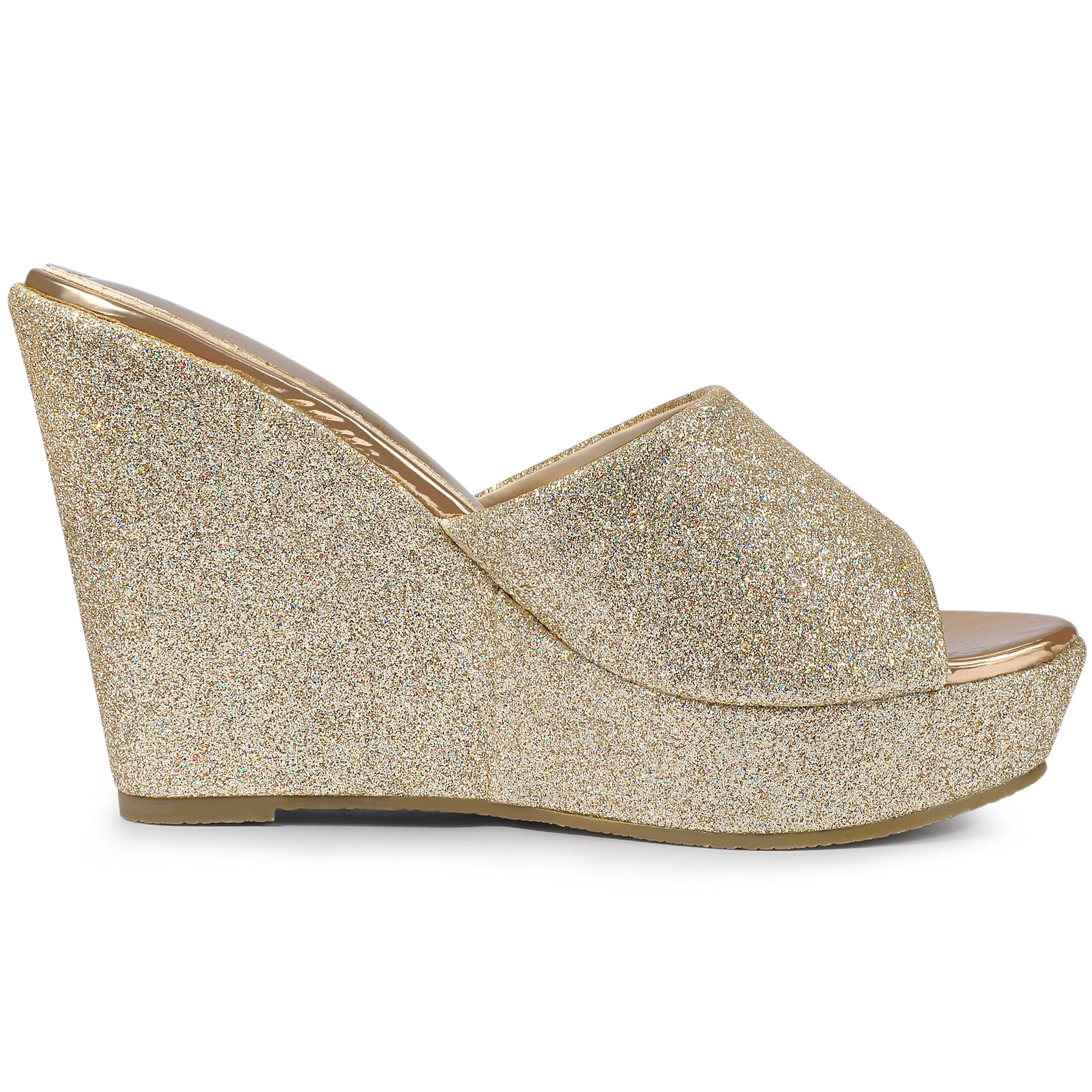 DARING DIVA Women's Glitter Platform Slip-on Wedge Heels Sandals Gold 9.5