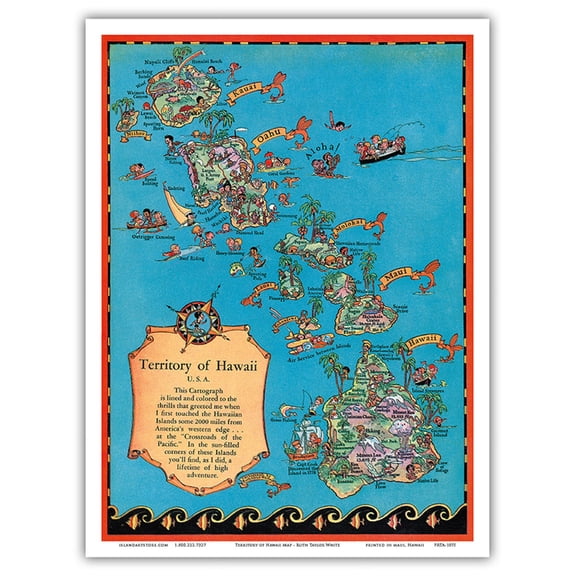 Territory of Hawaii Map - Vintage Colored Cartographic Map by Ruth Taylor White c.1931 - Master Art Print (Unframed) 9in x 12in