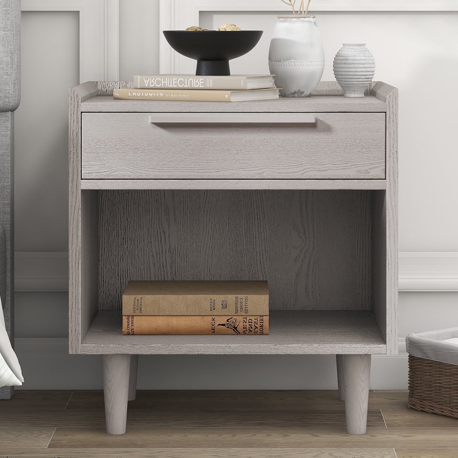 Kadyn Nightstand Side Table, Modern End Table with One-Drawer and Solid Wood Legs, Solid Wood Nightstand for Bedroom, Stone Gray Kadyn Nightstand Side Table, Modern End Table with One-Drawer and Solid Wood Legs, Solid Wood Nightstand for Bedroom, Stone Gray