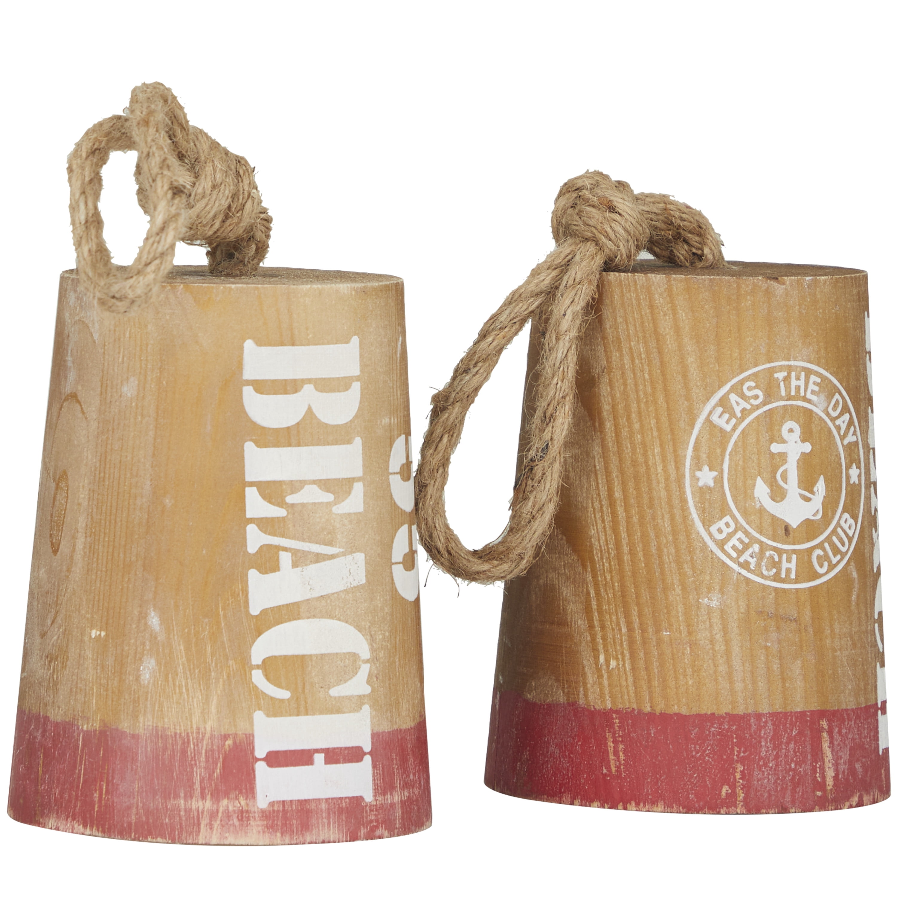 5"W, 8"H Brown Wood Door Stopper Buoy Sculpture with Rope Accents, by DecMode (2 Count)