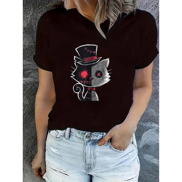 Casual Magic Cat Pattern Women's Fashion Trendy Round Neck Short Sleeve T-Shirt, Simple Leisure Sports Top, Comfortable Summer Top for Women