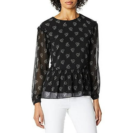 kensie Women's Whispering Shadows Ruffle Accent Top Shirt, Black Combo, XS