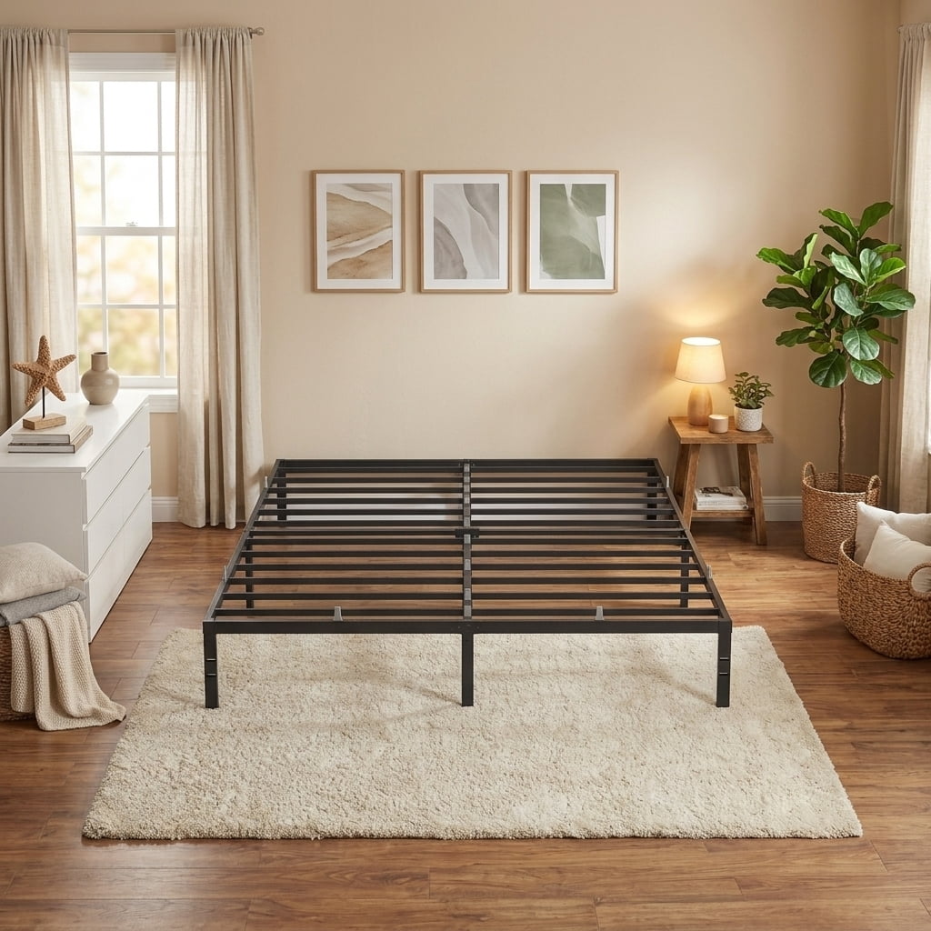 LEDREM King Size Metal Frame, Heavy-Duty Platform Bed with Under-Bed Storage, Easy Assembly for Bedroom, Black