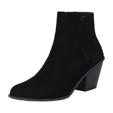 

Zshosam Women Ankle Boots Elastic Sides Slip-On Booties Block Heel Pointed Toe(Black 39)