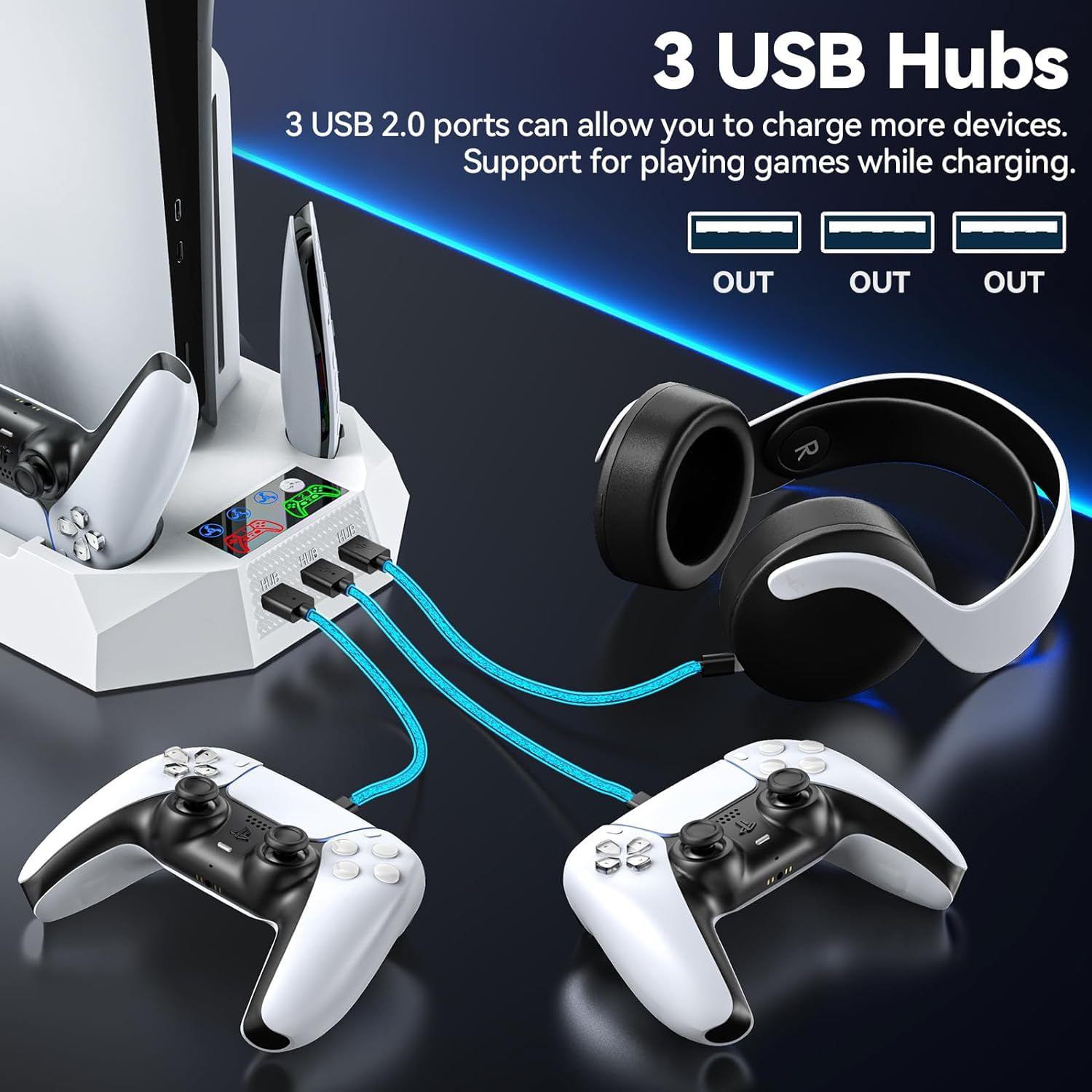 PS5 Cooling Stand with Turbo Fan - 2 USB Ports, Headset Holder & Remote Slot - Fits PS5 Slim/Disc/Digital (2023/2020) - 3-Speed Cooling Docking Station