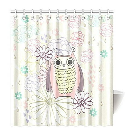 Owl Bath Accessories GreenDecor Cute Owl And Beautiful Flowers Waterproof Shower Curtain Set with Hooks Bathroom Accessories Size 66x72 inches ()