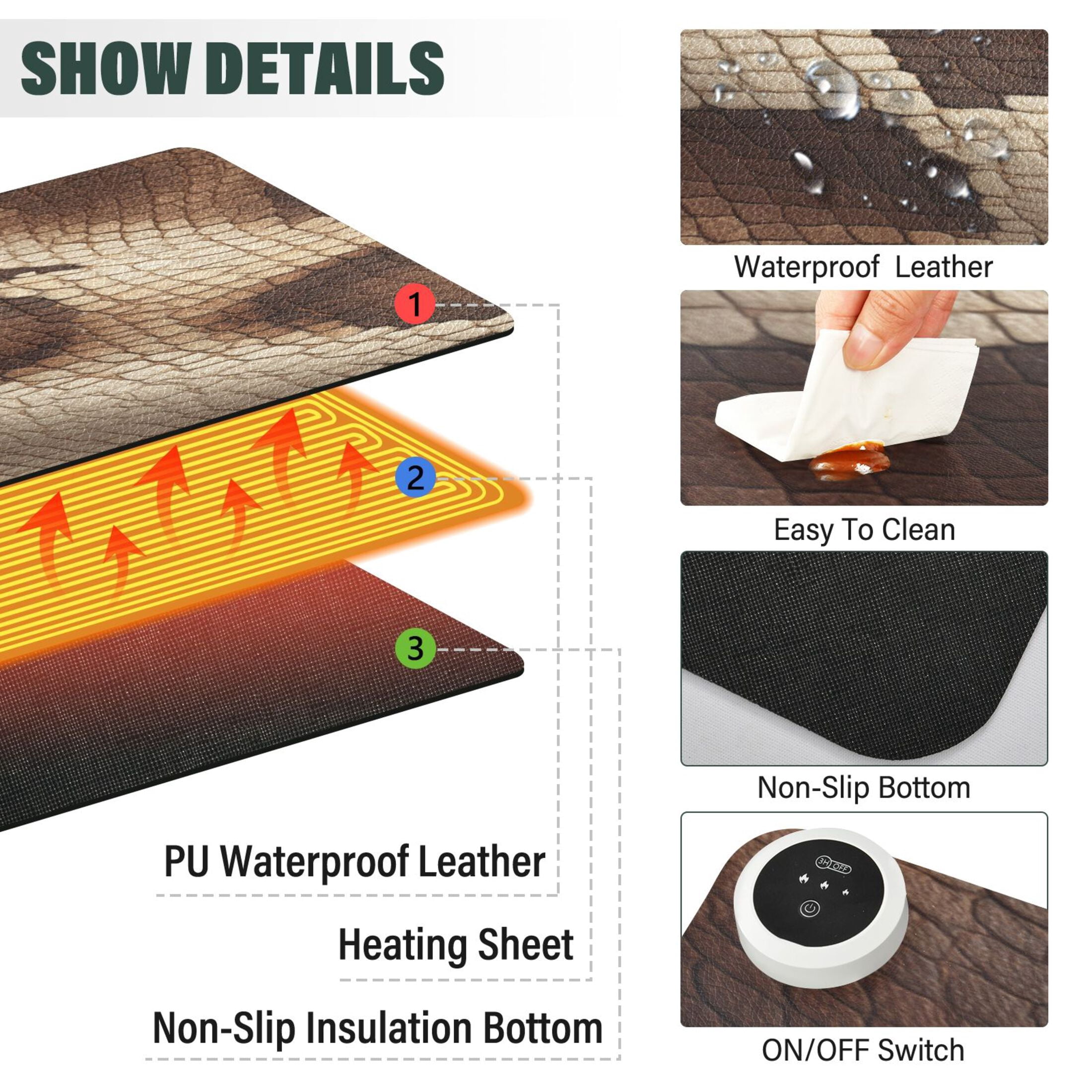 Large Heated Desk Mat Mouse Pad 31.5"x13"PU Leather Graphene Heating Desk Warmer with 3 Temperature Settings 110V US Plug Non-Slip Warm Pad for Home, Office, and Gaming Brown Snake Skin Pattern
