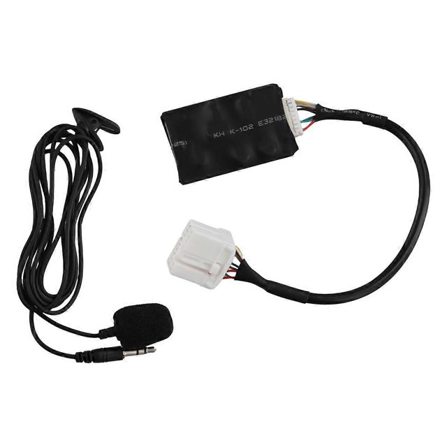 12v interface aux bluetooth adapter for accord 2003-2011 adaptador Bluetooth para auto, módulo ABS negro rectangular con arnés y conector blanco de varios pines, micrófono con funda de espuma y clavija 3.5 mm; vista centrada sobre fondo blanco, compatible con Accord/Fit 2003–2011, soporta llamadas manos libres (HFP), reproducción A2DP y control AVRCP desde radio o volante — también suele usarse para reproducir audio desde dispositivos móviles durante viajes.