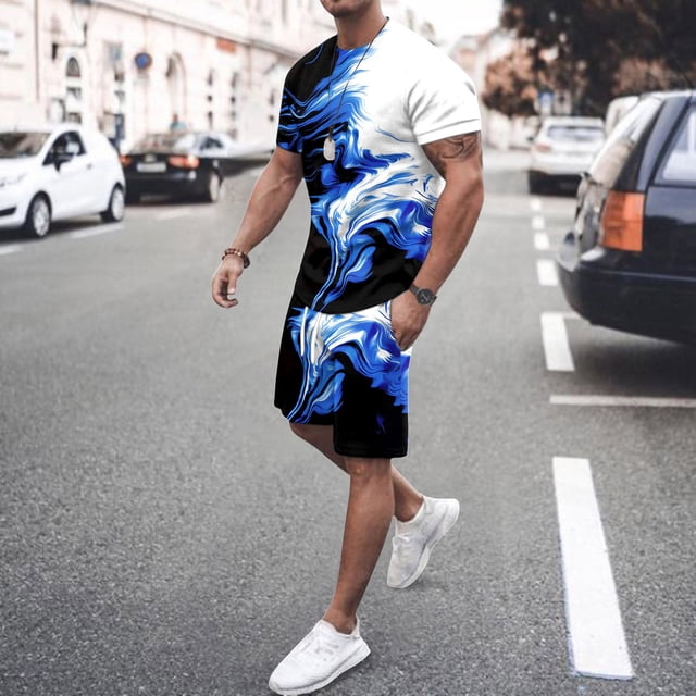 Men's Suit Category - All-Over Print Short Sleeve Tee and Quarter Pants Two-Piece Set for Men