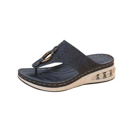 CHOII Promotion! Women s Solid Color Air Cushion Wedge Casual Beach Shoes Sandals Hollow and Breathable Flip Flops for Ladies Anti-slip Thong Sandals for Girl Slide Sandals Dark Blue/9.5