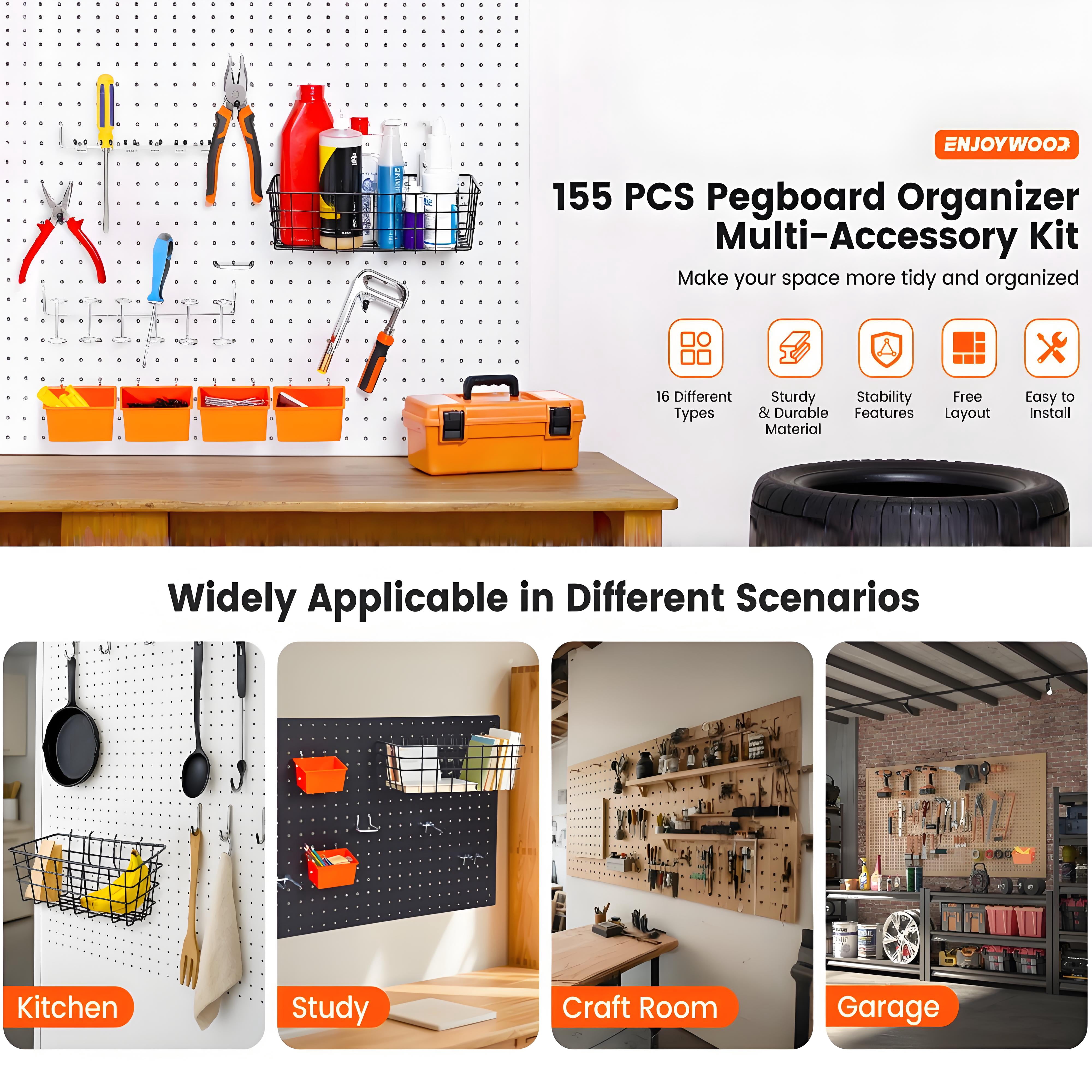 Pegboard Hooks Kit,ENJOYWOOD 155PCS/SET Peg Board Accessories Organizer Kit with Various  Hooks,Bins,Baskets,Fit 1/8 or 1/4 inch Pegboard for Garage Workshop Wall Hanging Tools