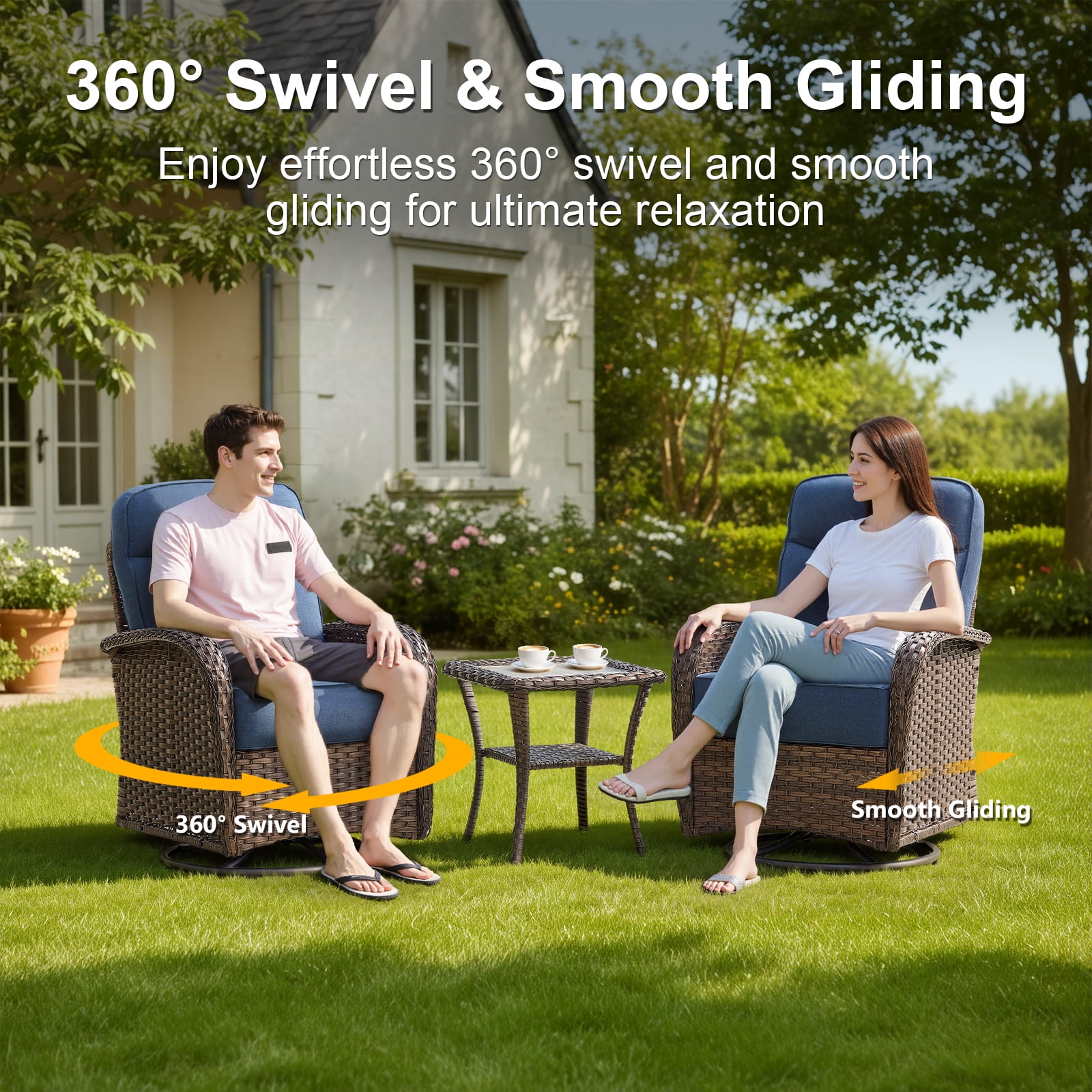 POCASSY Patio Swivel Chairs with 6-Inch Extra Thick Cushion, 3-Piece Patio Furniture Set, High Back Swivel Chairs Set of 2 with Side Table, All-Weather Brown Wicker Blue Cushion, for Porch Balcony
