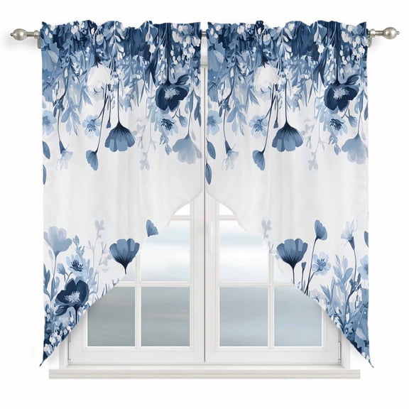 Navy Blue Flowers Kitchen Window Curtains, Swag Curtains Valance for Bedroom Living Room Bathroom, Summer Pastoral Botanical Rod Pocket Window Treatment Curtain Block Drapes 2 Panels 36"x45"