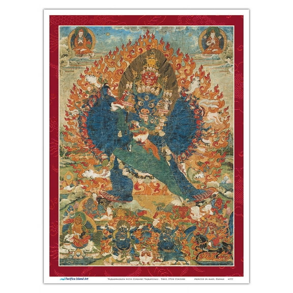 Vajrabhairava with Consort Vajravetali - Buddhist Tantric Deities - Vintage Tibetan Thangka Buddhist Painting - Tibet, 19th Century - Master Art Print (Unframed) 9in x 12in