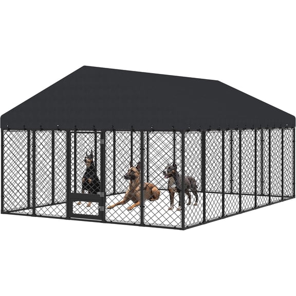 Masion Huis 10x14 FT Large Outdoor Dog Kennel with Roof, Heavy Duty Metal Fence for Large Dogs