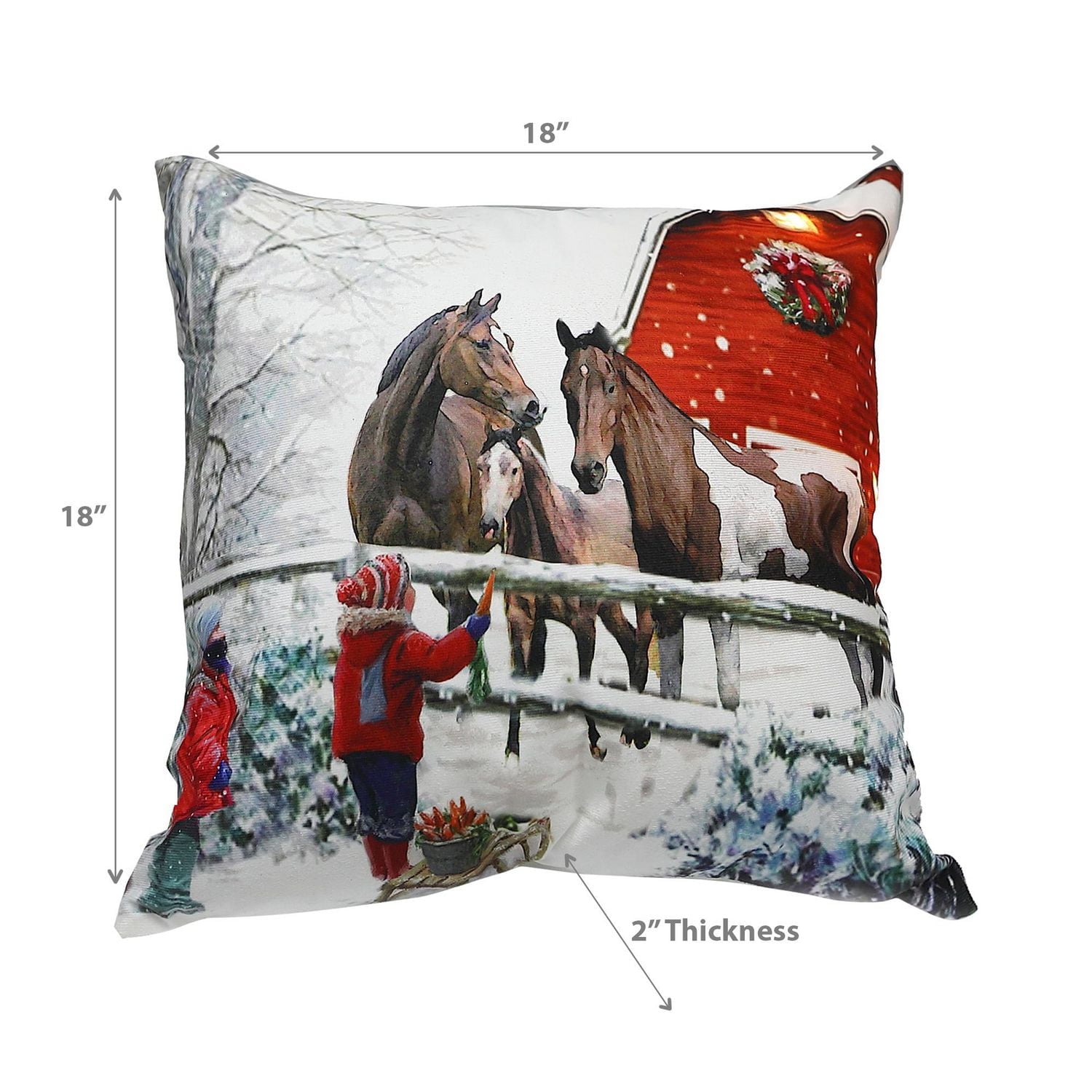 Christmas Led Velvet Cushion Children Feeding Horses 18X18 - Set of 2