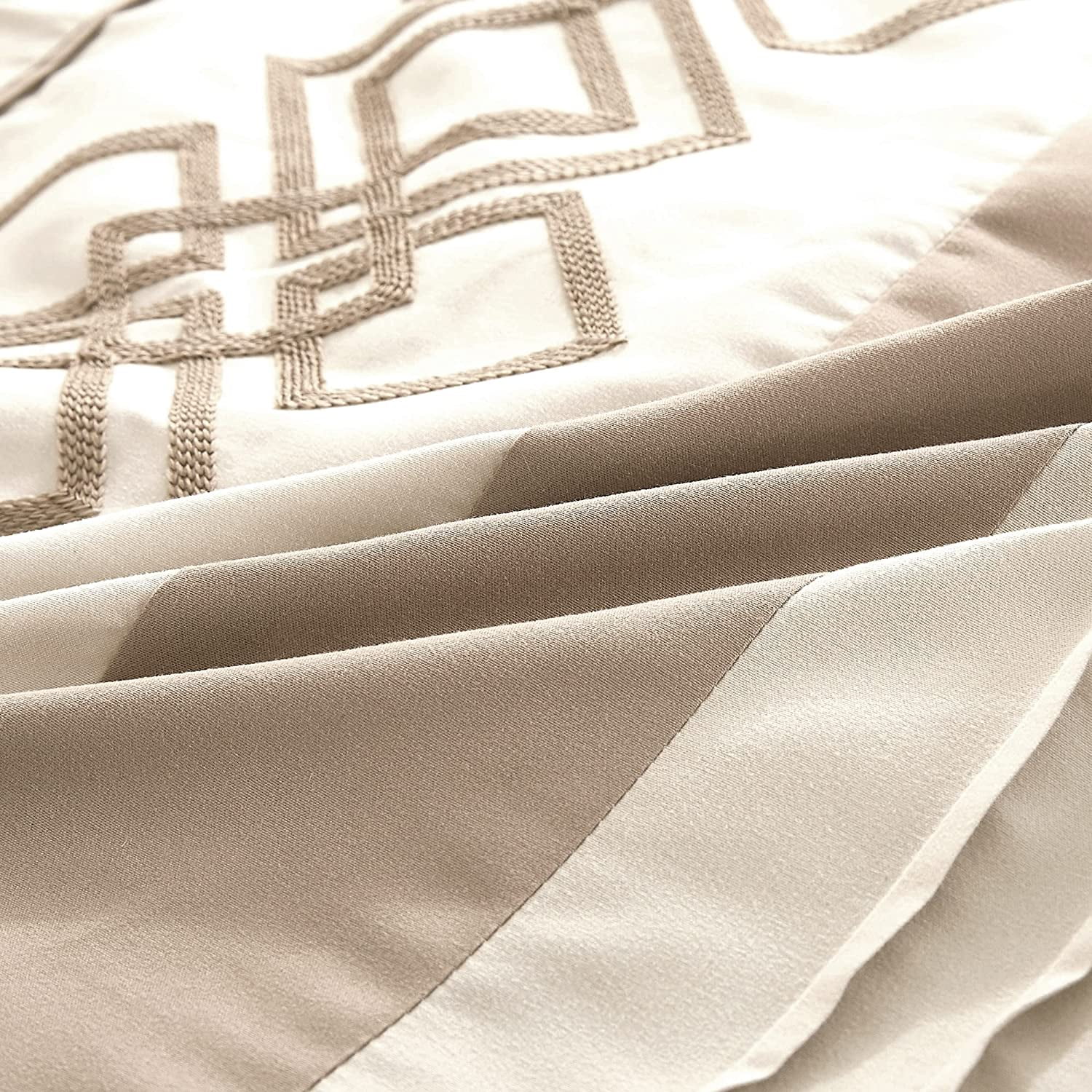 Chezmoi Collection Ariel 7-Piece Geometric Chenille Embroidery Comforter Bedding Set, Queen, Taupe