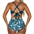 thumbnail image 2 of Defitshape Women's High Waisted One Piece Swimsuit Sexy Bathing Suit Beach V Neck Padded Cheeky Summer Swimwear Blue Leaf 8-10, 2 of 4