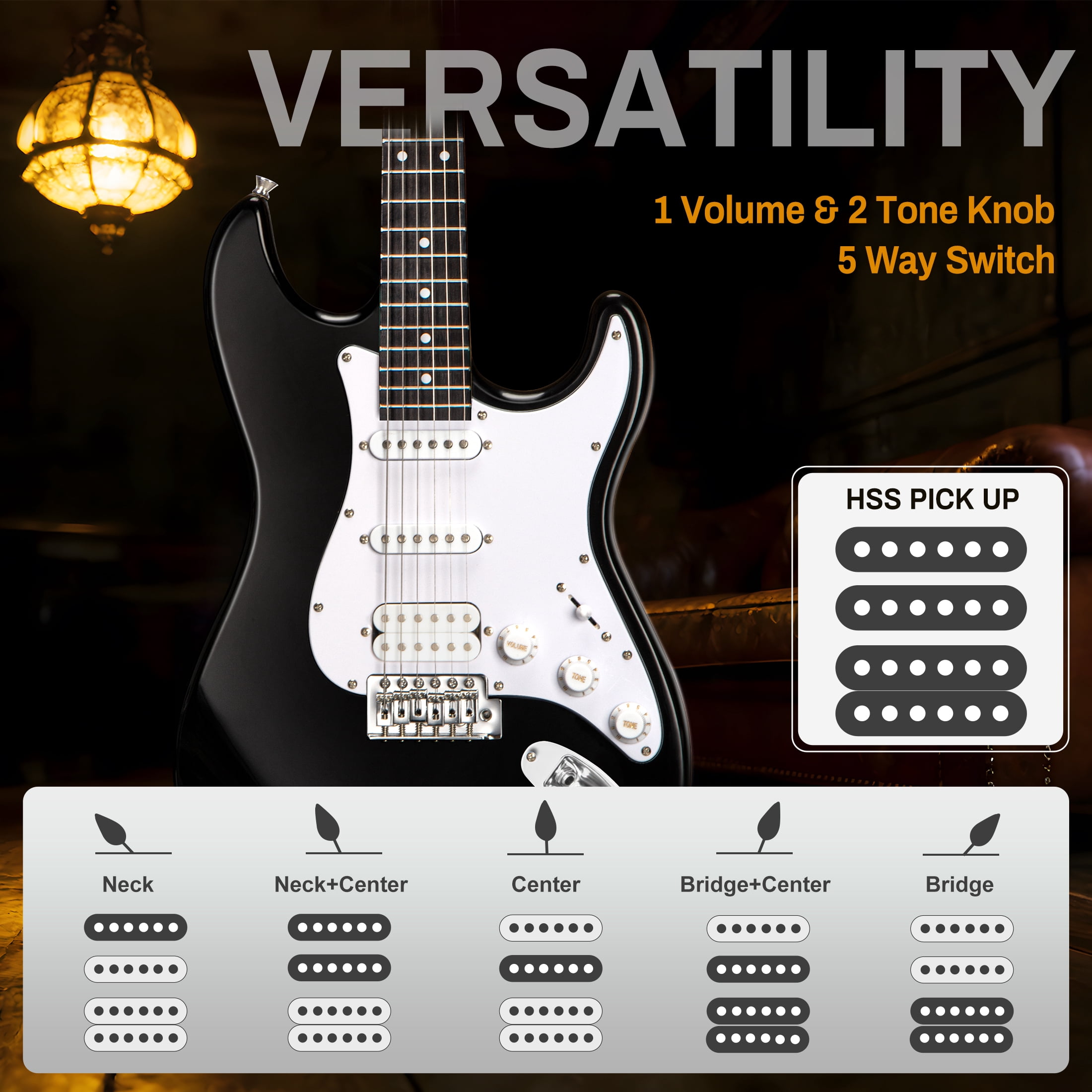 AODSK 39 Inch Full Size Electric Guitar HSS Pickup Beginner Kit with Bag, Amp & All Accessories-AST170-BLACK&WHITE