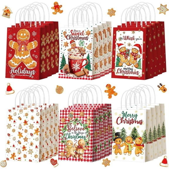 24Pcs Christmas Gift Bags,Small Size Christmas Goodie Gift Paper Bags with Handles,Christmas Gingerbread Party Favors Bags for Xmas Party Decorations Holiday Birthday Supplies
