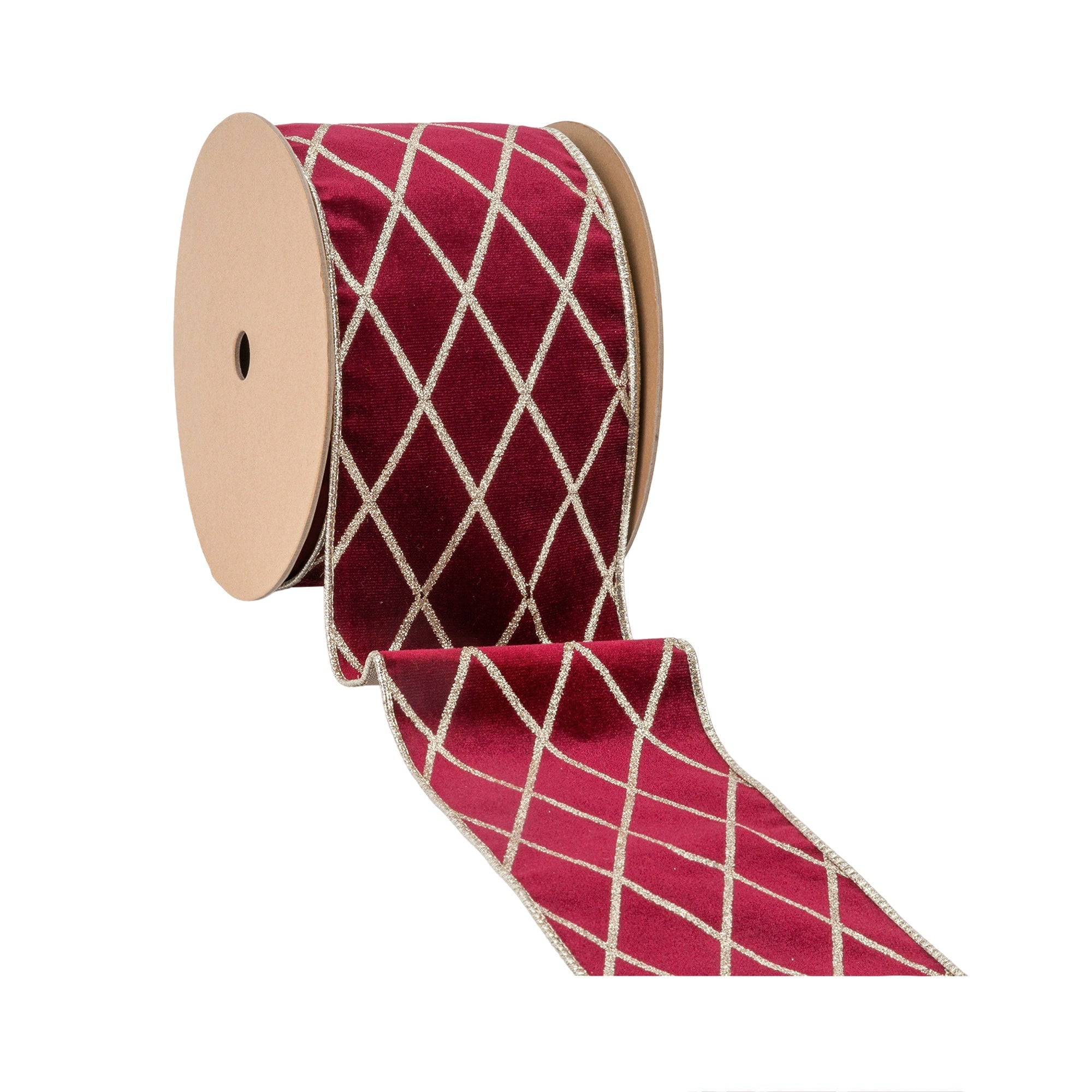LaRibbons 4" Wired Velvet Ribbon, Burgandy with Glittered Diamond, 10 Yard Roll