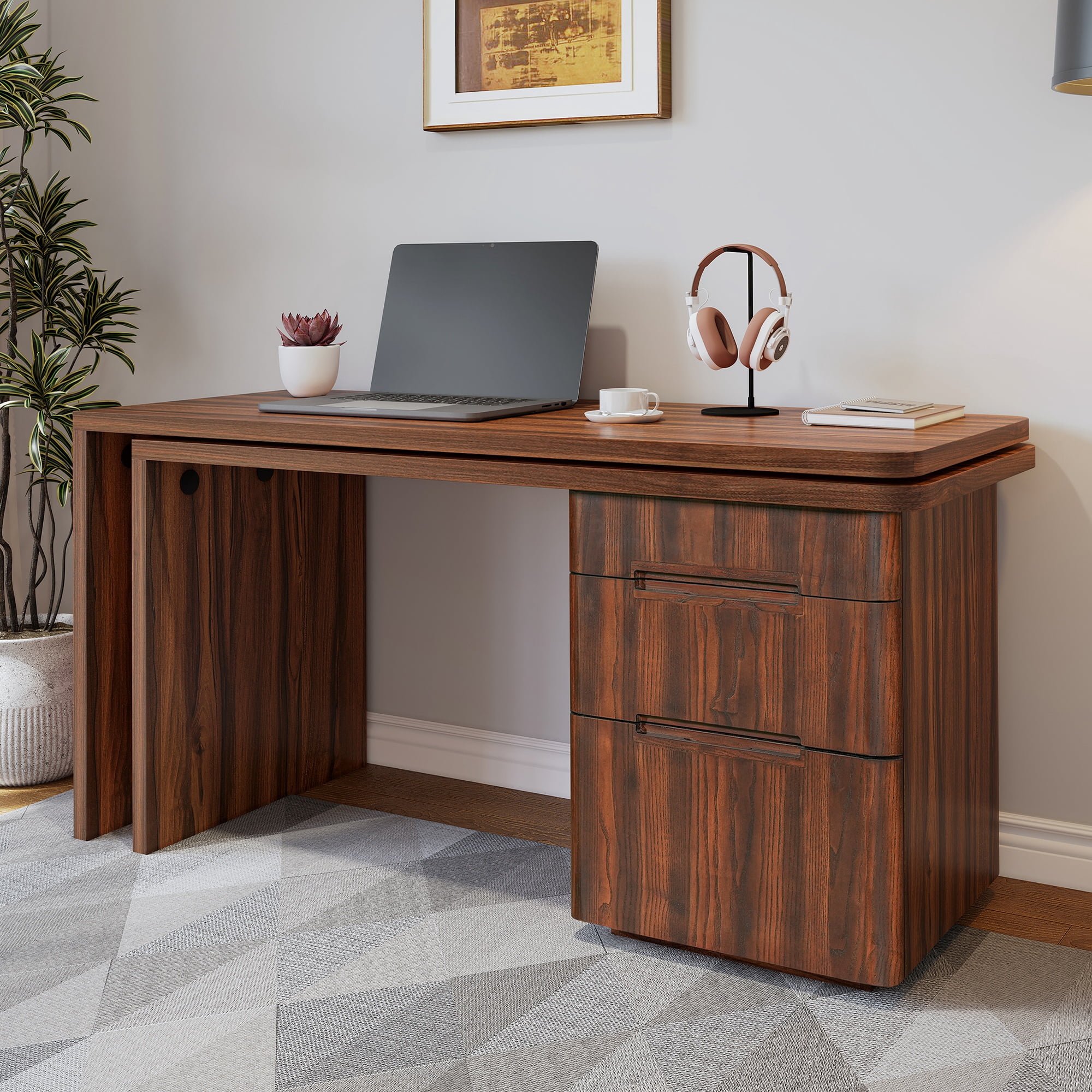 90" L Shaped Desk with 3 Drawers, 360° Rotating Corner Desk, Modern Executive Office Desk in Walnut, for Home Office Living Room Study Workstation