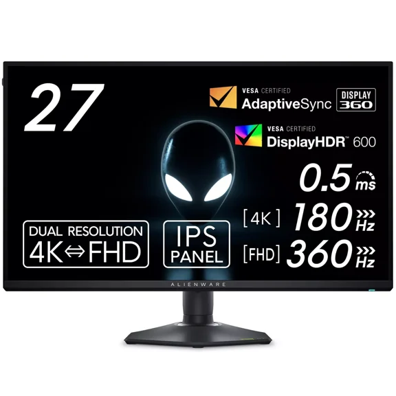 Alienware 27 4K Dual-Resolution Gaming Monitor - AW2725QF - 4K at 180Hz and FHD at 360Hz, 0.5ms GTG 1ms GTG (Extreme Mode), VESA AdaptiveSync, NVIDIA G-SYNC Compatible, HDMI/DP/USB 3.2 Gen1 - Black