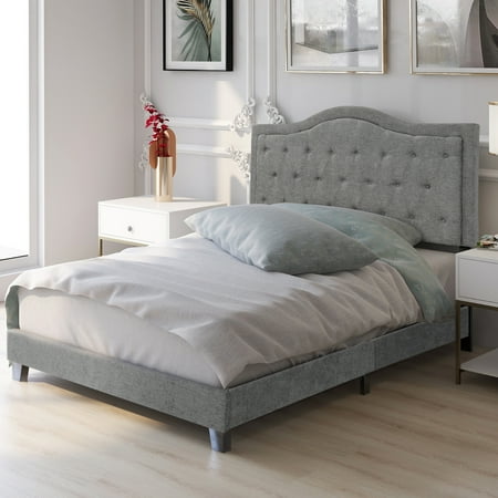Furniture Classic Design Harper&Bright Designs Classic Tufted Linen Upholstered Queen Size Platform Bed with Wood Slat Support, Multiple Colors ()